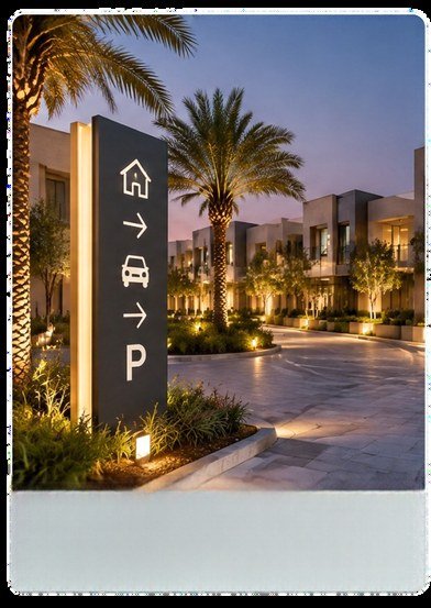 لافتة خارجية مضاءة بجوار مسار مدخل / Illuminated exterior directory beside an entrance path