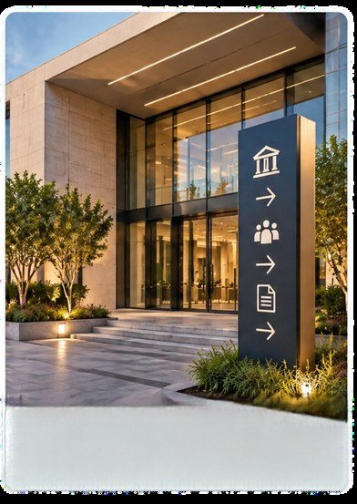 لوحة إرشاد بجوار مدخل مبنى / Wayfinding sign beside a building entrance