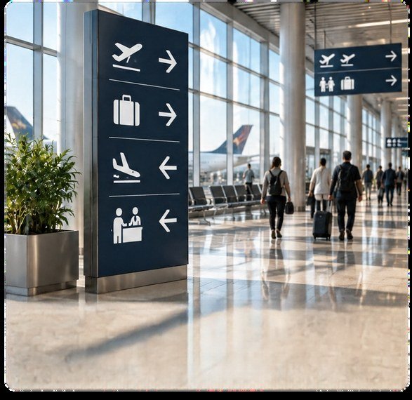 لافتة اتجاهات متعددة داخل بهو واسع / Multi-directional wayfinding sign in a spacious lobby