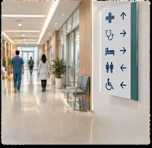 لوحة توجيهية في ممر منشأة / Wayfinding directory sign in a building corridor