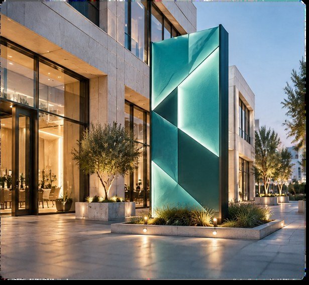 واجهة مبنى حديث مع لافتة معمارية / Modern building facade featuring architectural signage