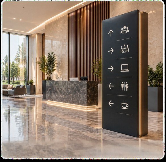 لوحة توجيهية داخل بهو استقبال / Interior directional signage beside a reception area