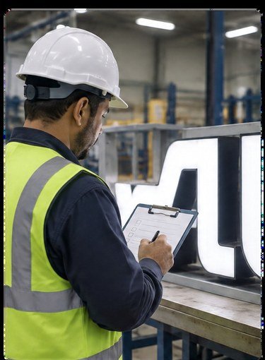 عامل يفحص تفاصيل تصنيع لوحة باستخدام آلة / Worker checking signage fabrication details at a machine